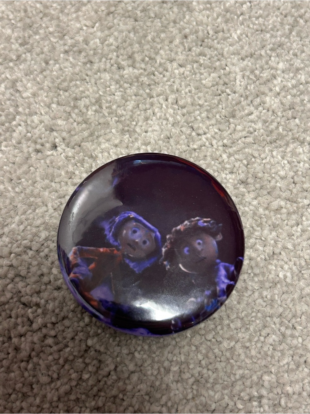 Coraline pin. Round Character Pin Button in Dark Purple and Blue